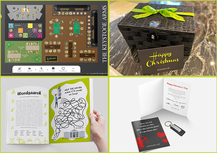 Four images in a collage, one showing a virtual pub, one showing the outside of a black Christmas hamper wrapped in green ribbon, one of a children's activity book, and one of a Valentine's card and key ring addressed from Keystone Law