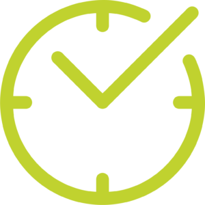 Green line drawing of a clock with a tick in the middle