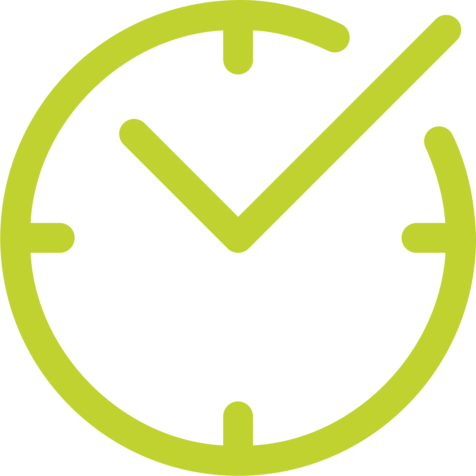 Green line drawing of a clock with a tick in the middle