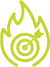 Green line drawing of a flame with a bulls eye in the middle